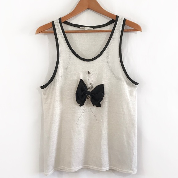Maje Tops - MAJE Ivory Linen Tank With 3D Design Black Trim